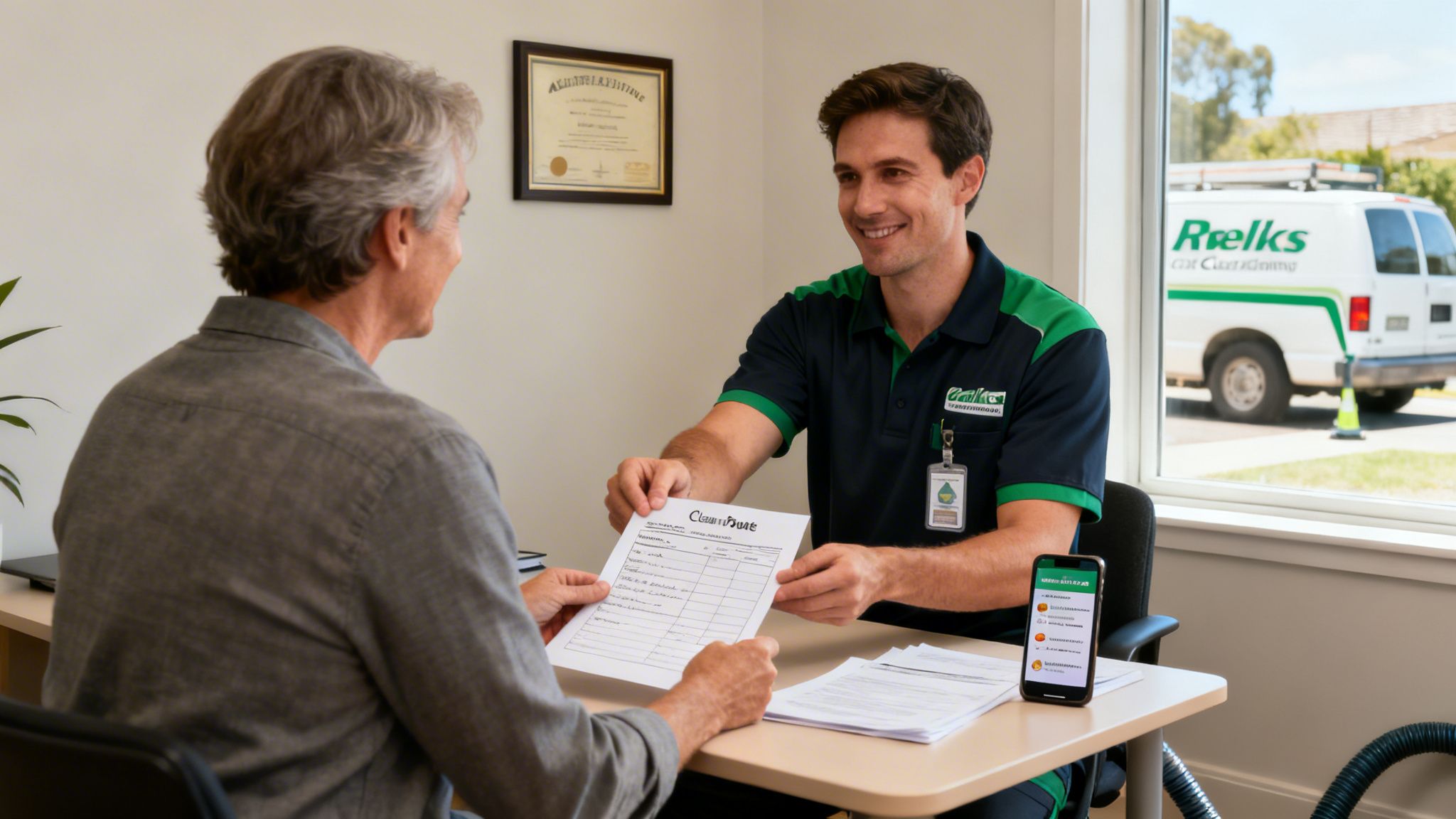 A friendly Greilks service professional hands a carpet cleaning quote to a satisfied client.