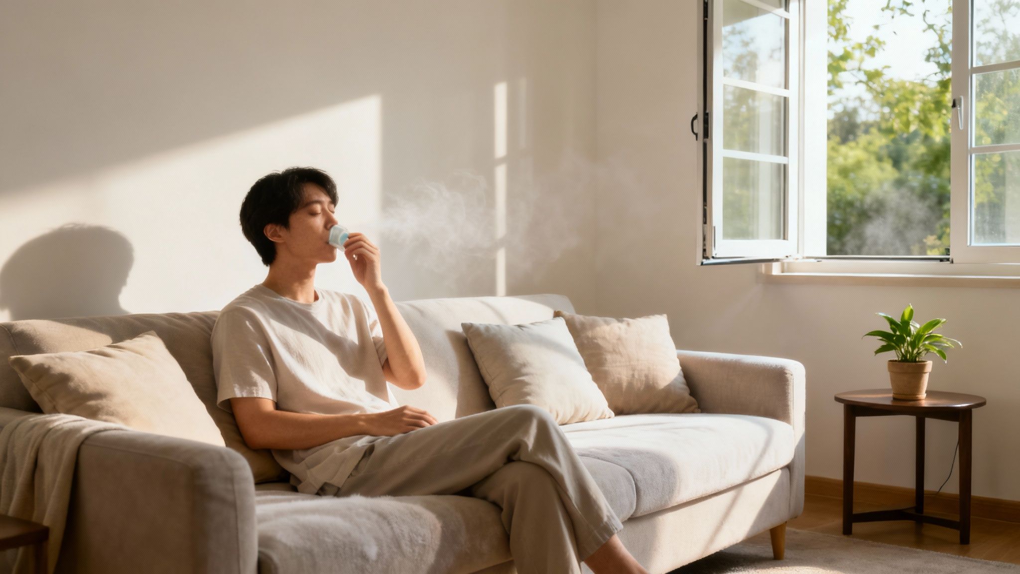 Person relaxing on clean beige couch in bright sunlit living room with open window