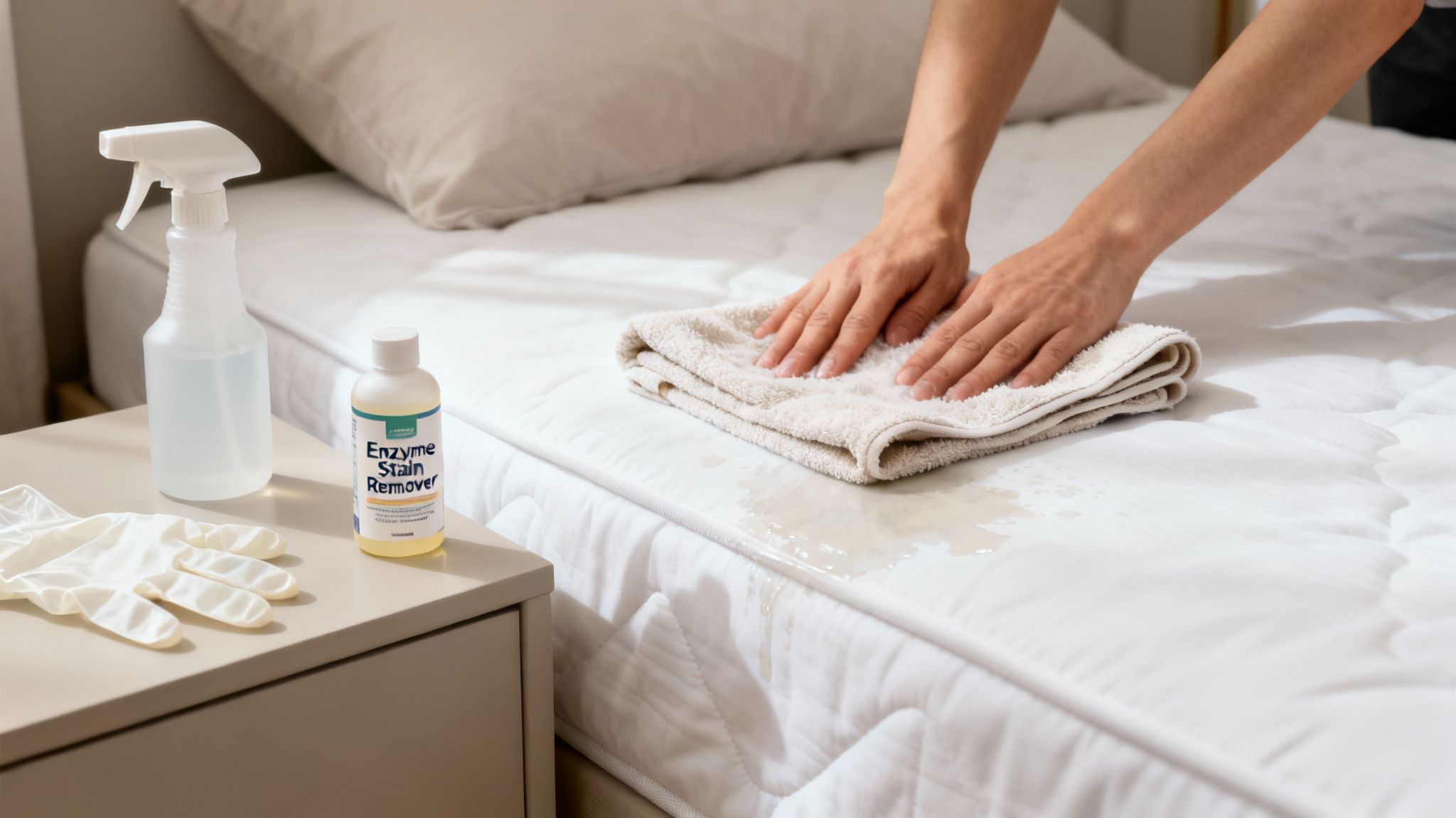 A person uses an enzyme stain remover and a towel to clean a wet mattress stain.