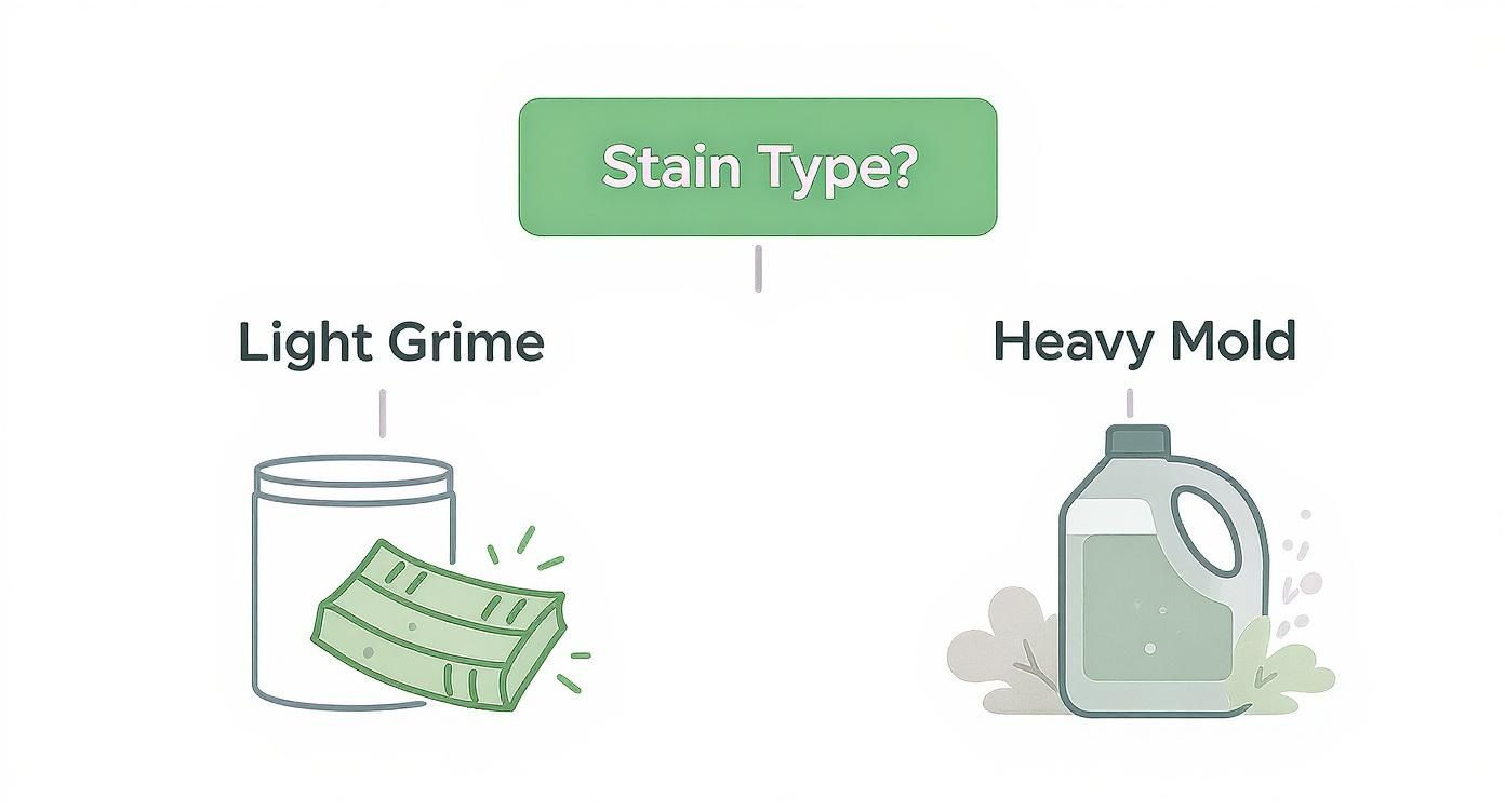 Flowchart showing cleaning solutions for light grime and heavy mold shower grout stains