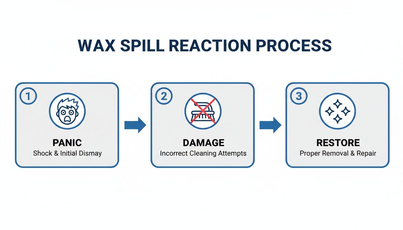 A flowchart illustrates a 3-step wax spill reaction process: Panic, Damage from incorrect cleaning, and Restore.