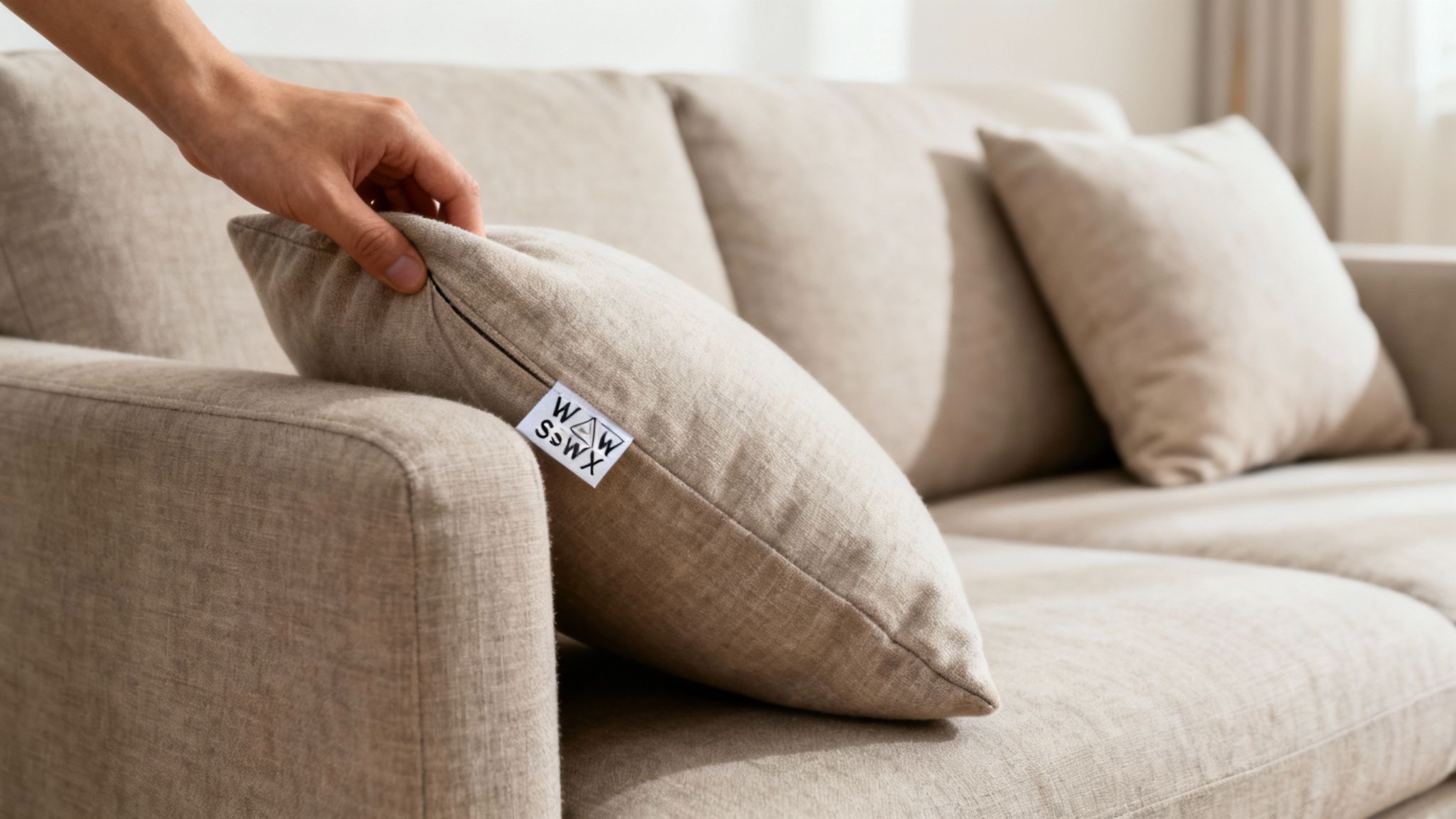 Hand placing beige linen cushion with label on neutral fabric sofa armrest