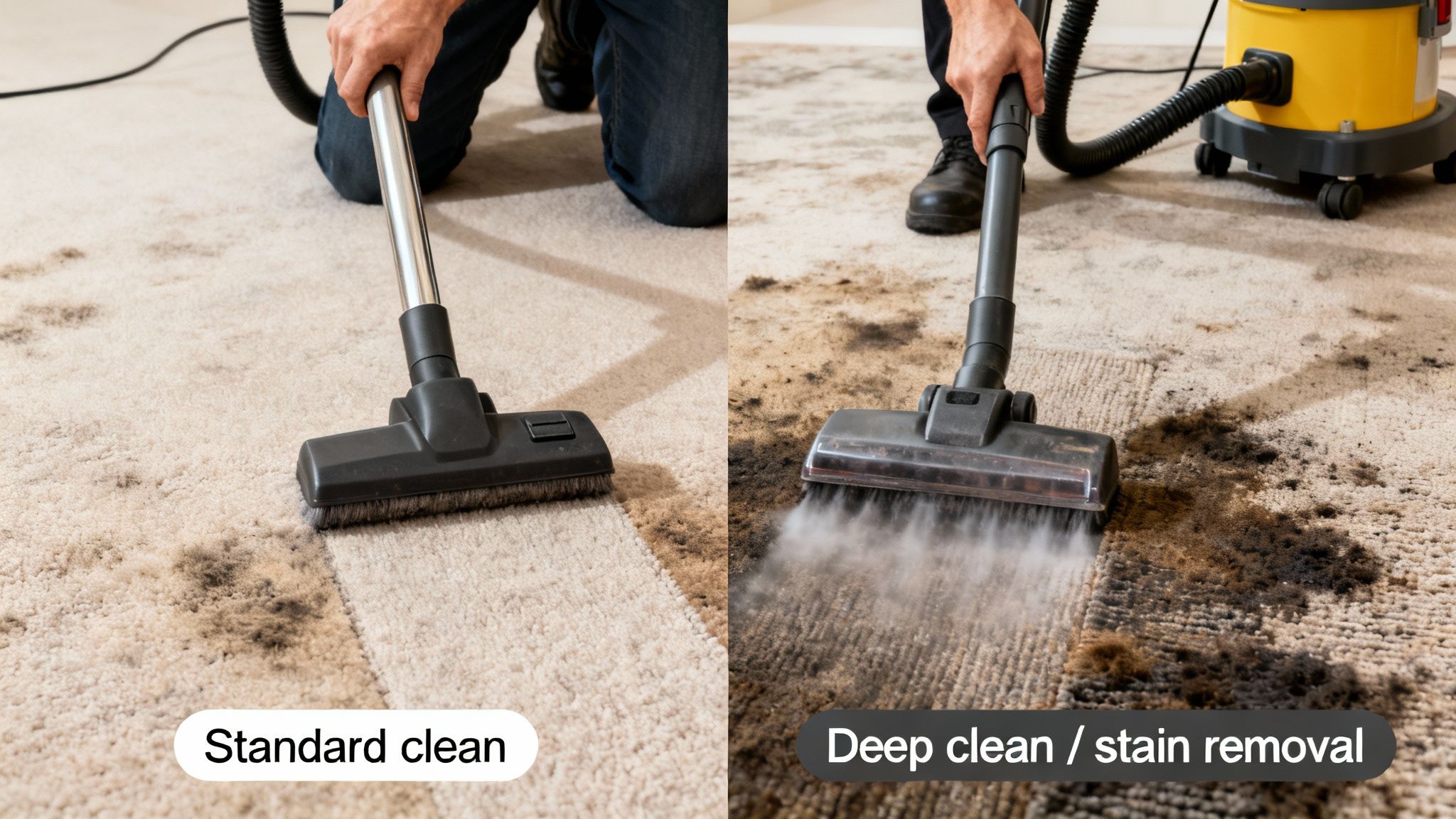 Side-by-side comparison of standard vacuuming versus deep steam cleaning for dirty carpets.