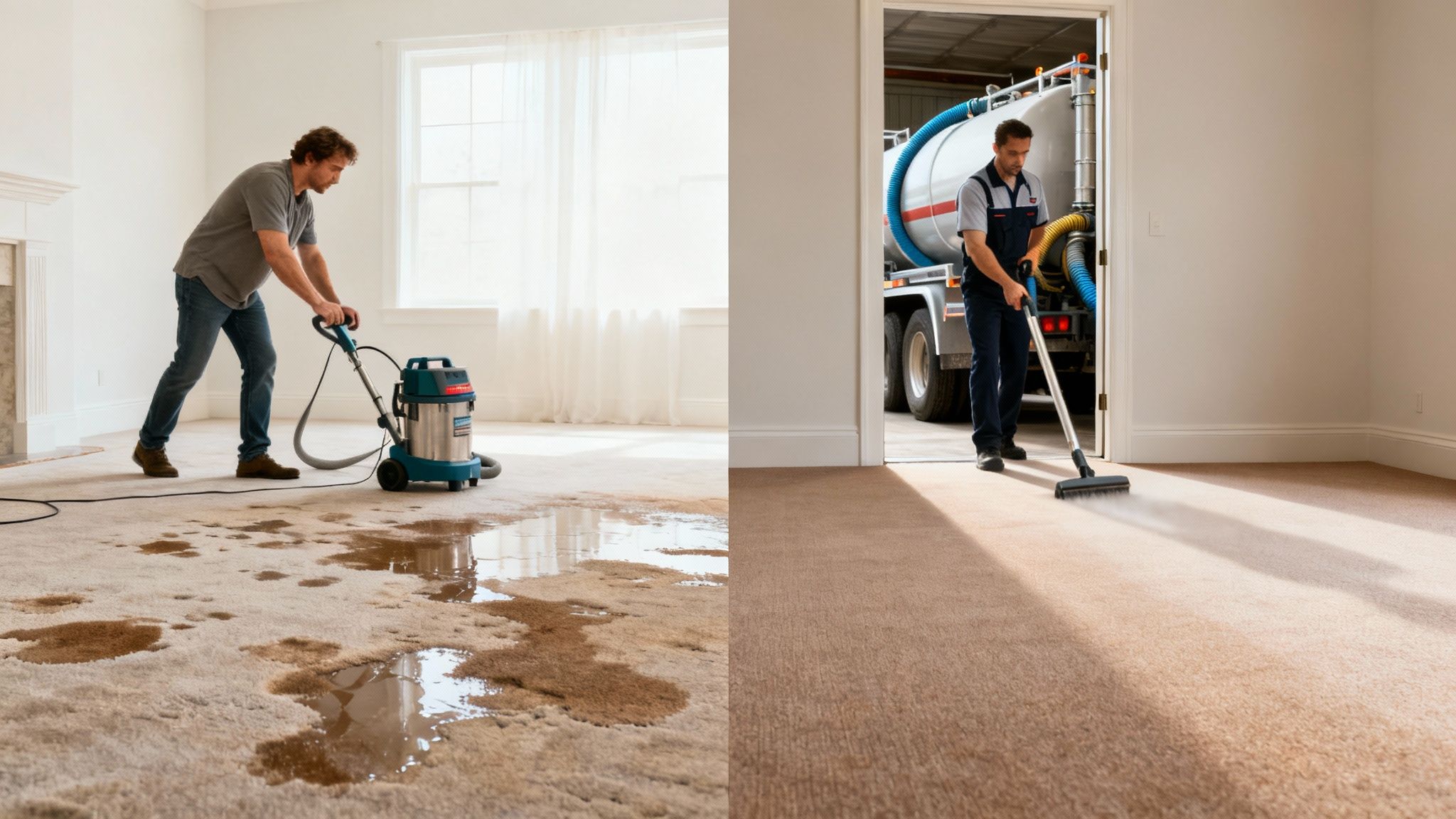 Before and after: a man cleaning a wet, stained carpet, and a professional steam cleaning a clean carpet.