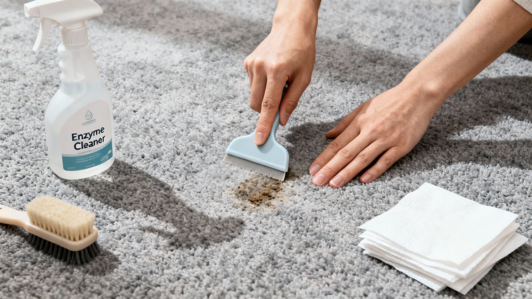 A person's hands cleaning a dark stain from a grey carpet using a scraper, enzyme cleaner, and paper towels.