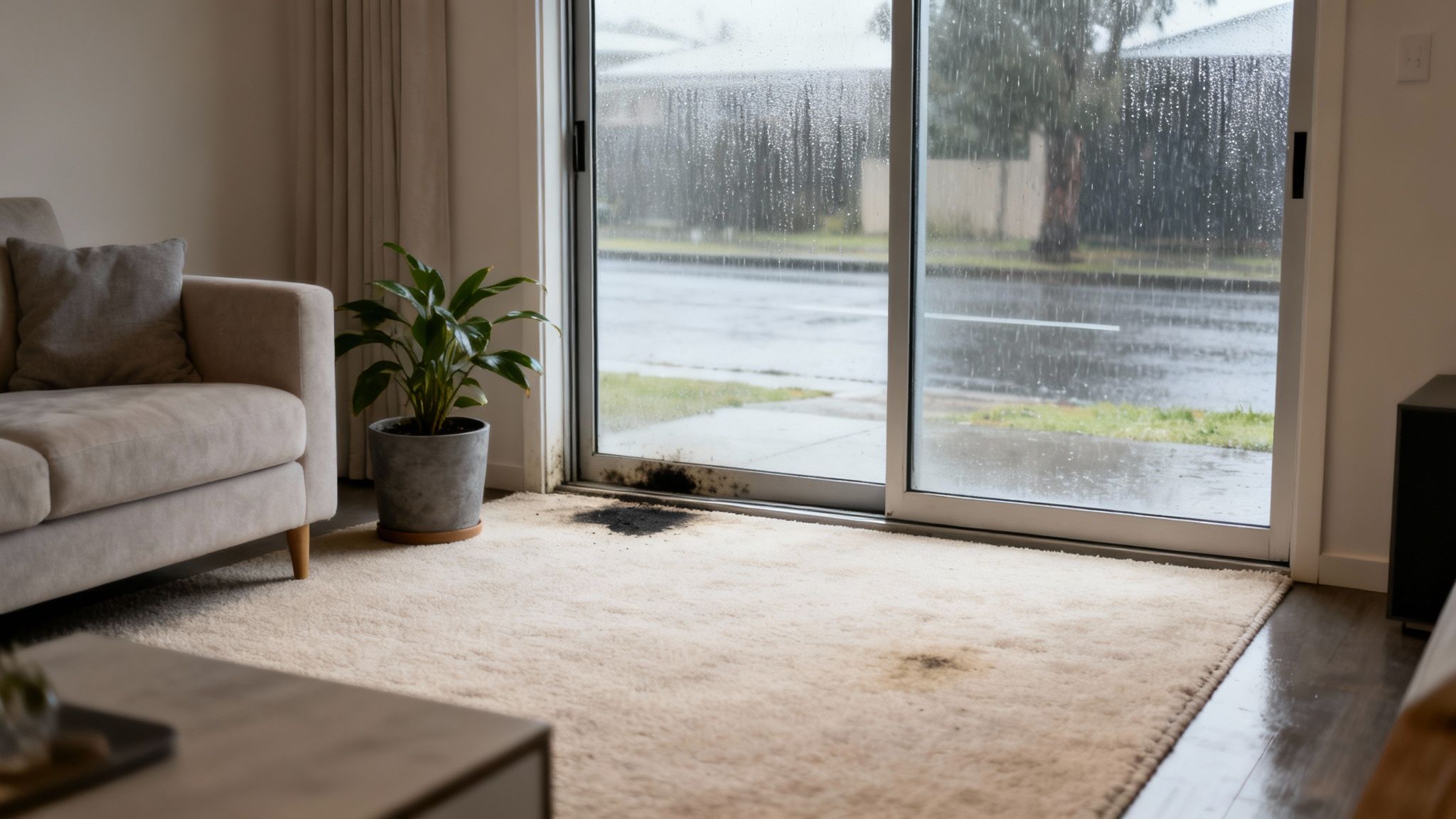 A living room with a sliding glass door showing a rainy street, with black mold on the carpet.