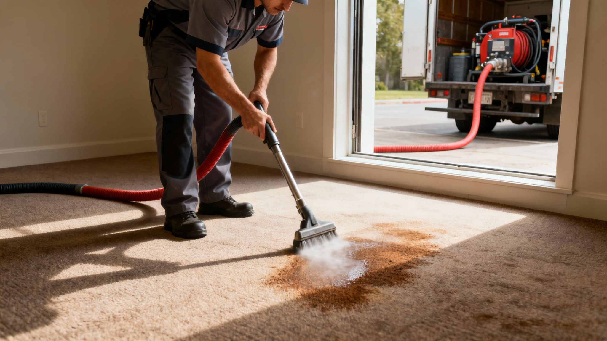 Professional carpet cleaner deep cleaning a large brown stain from a light brown carpet using a powerful machine.