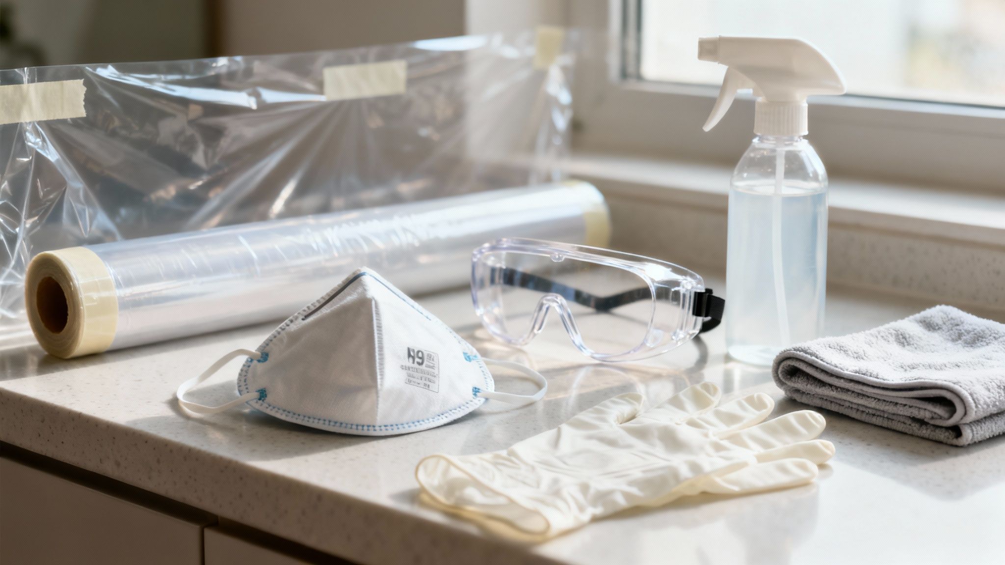 Protective gear and cleaning supplies including an N95 mask, gloves, and spray bottle on a countertop.