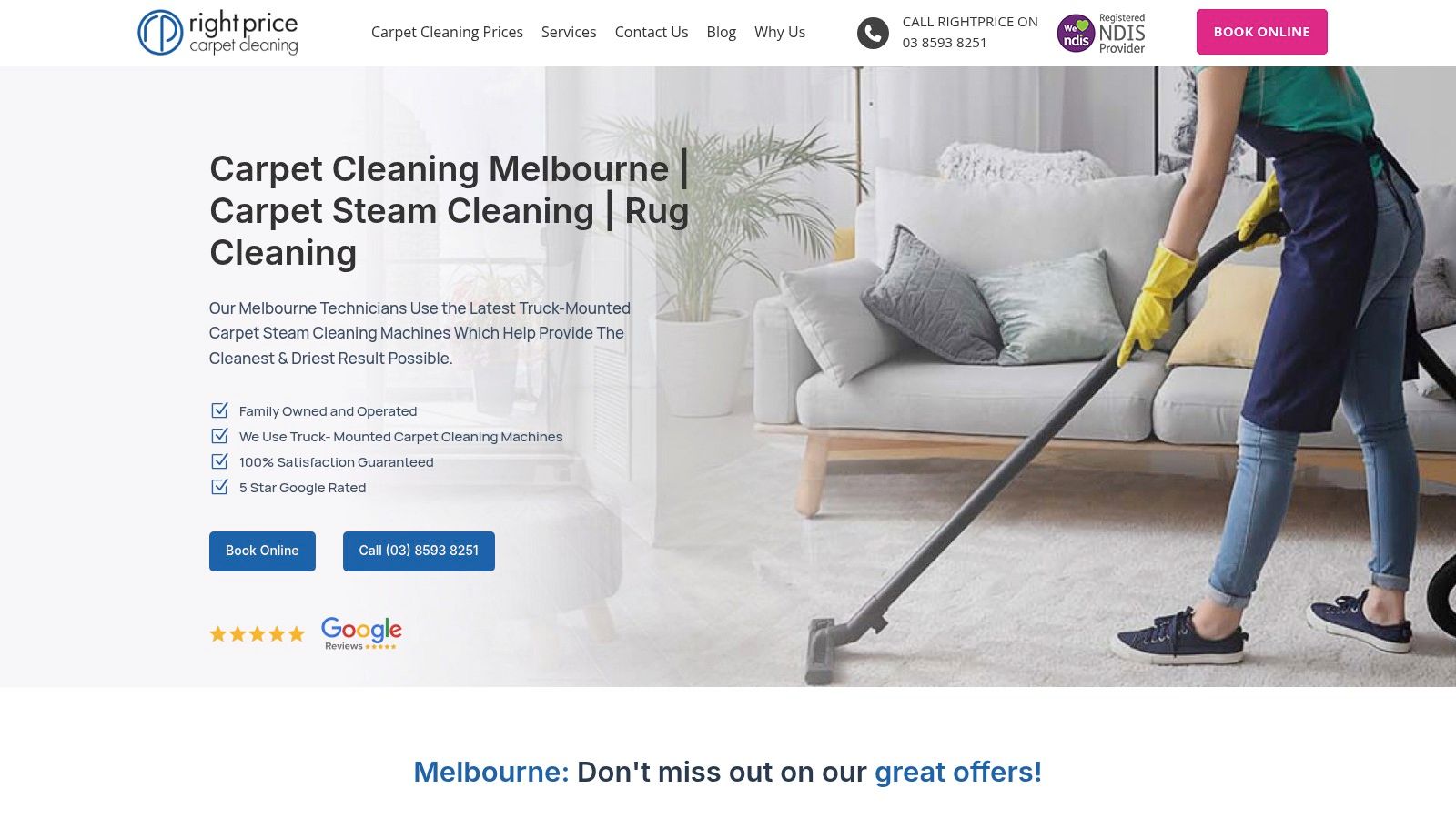 A professional technician from Right Price Carpet Cleaning using a truck-mounted steam cleaning system to deep clean a carpet in a Melbourne home.