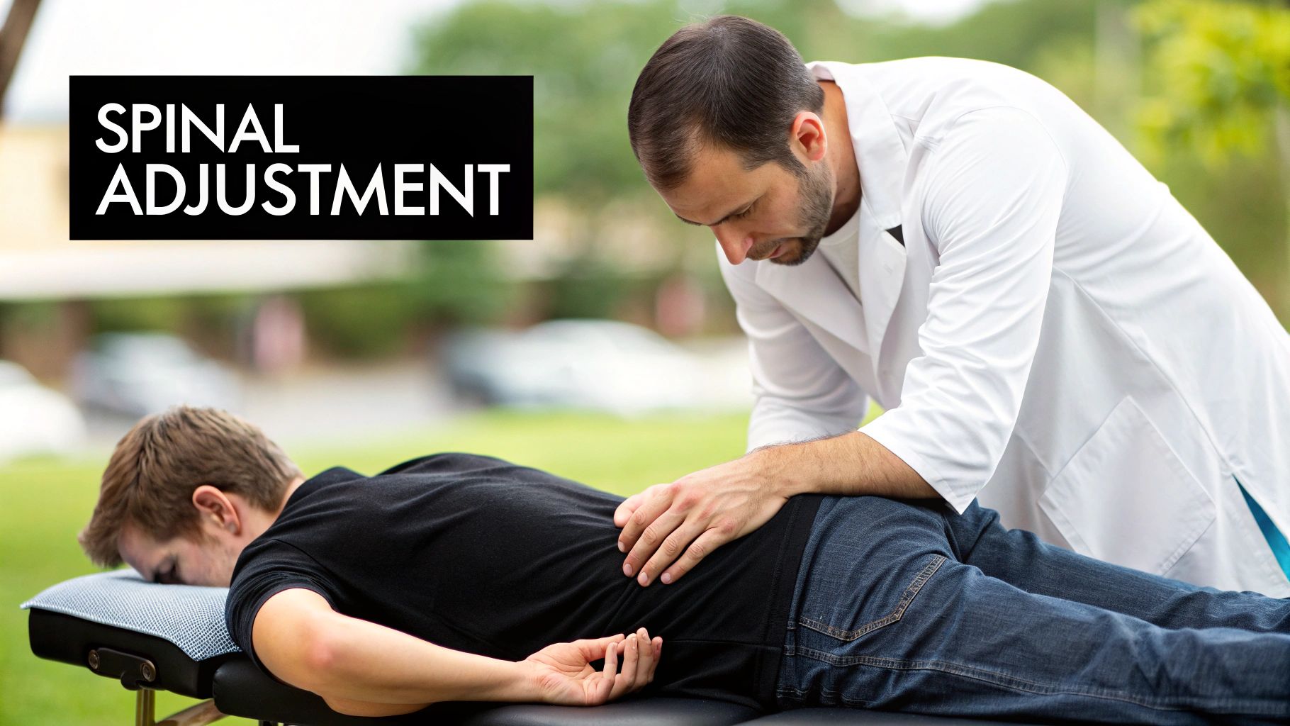 A skilled chiropractor assessing a patient's back in a bright, modern clinic.