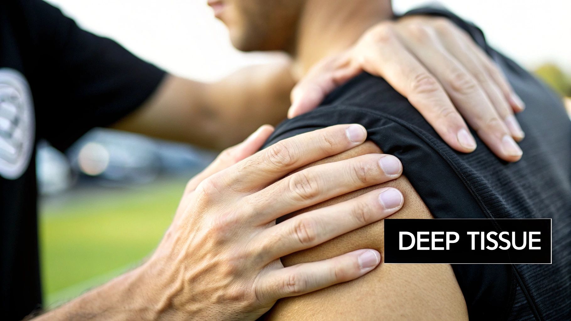An athlete smiling while receiving sports massage therapy on their shoulder.