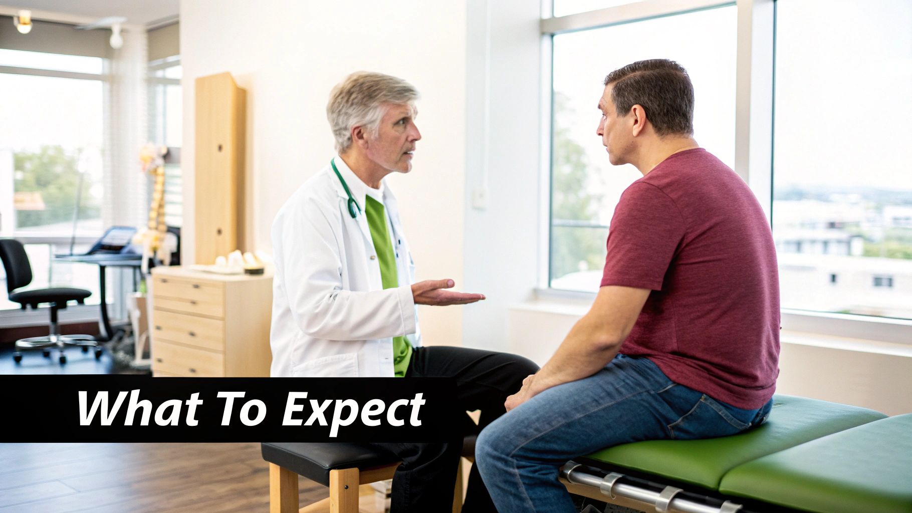 A patient filling out paperwork in a modern, welcoming chiropractic clinic reception area.