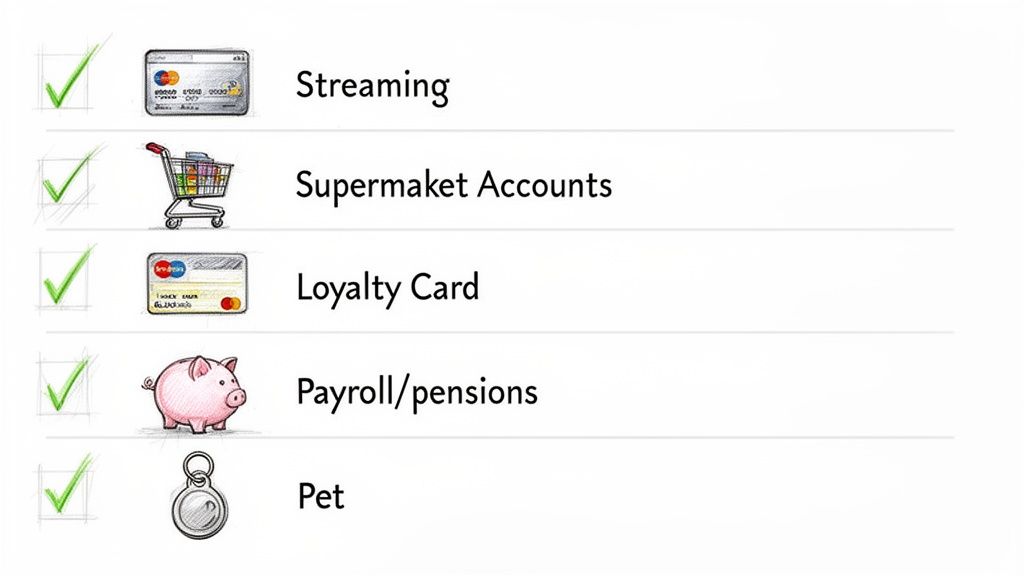 A checklist with green checkmarks next to items like streaming, supermarket accounts, loyalty cards, payroll/pensions, and pet services.