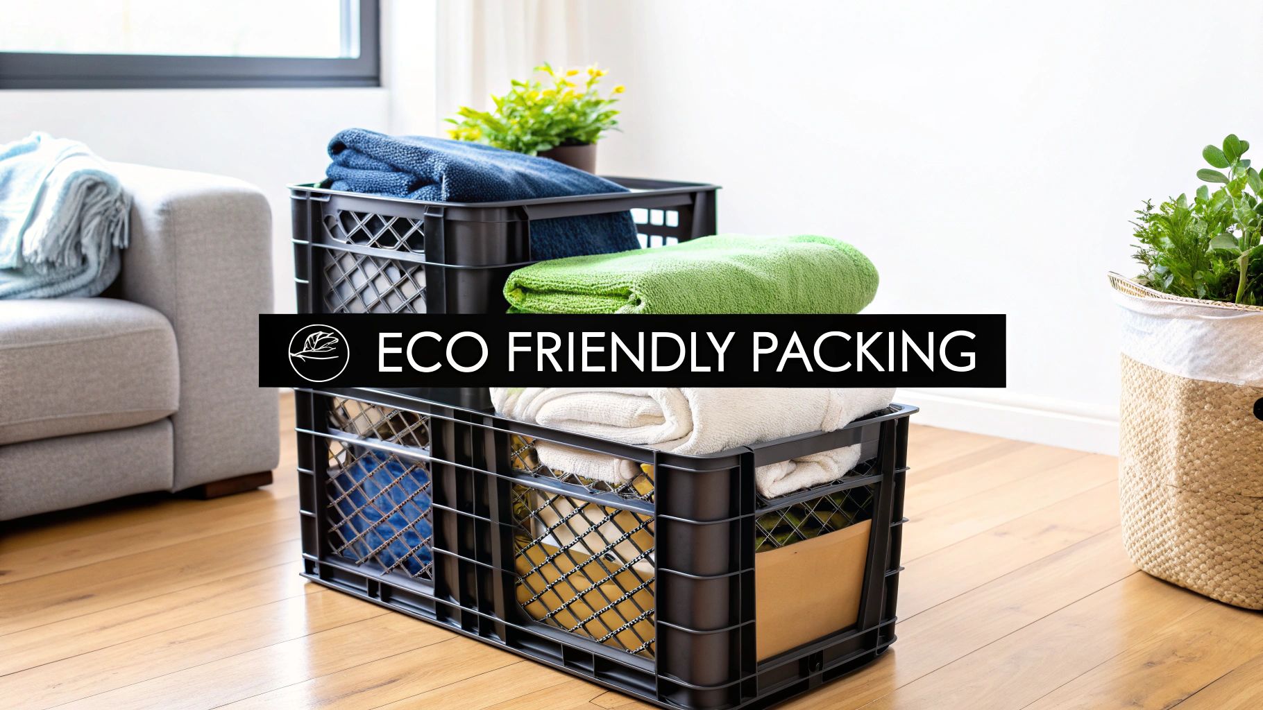Eco friendly packing supplies with reusable plastic crates and folded towels for sustainable moving