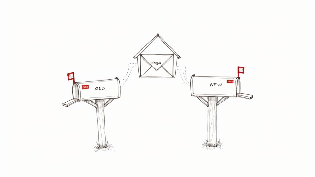 A drawing of an envelope labeled 'Changes' moving from an 'OLD' mailbox to a 'NEW' mailbox.