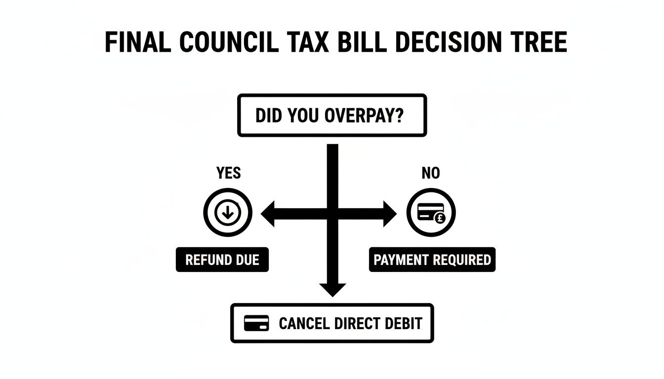 A decision tree flowchart for final council tax bill: overpay leads to refund, otherwise payment.