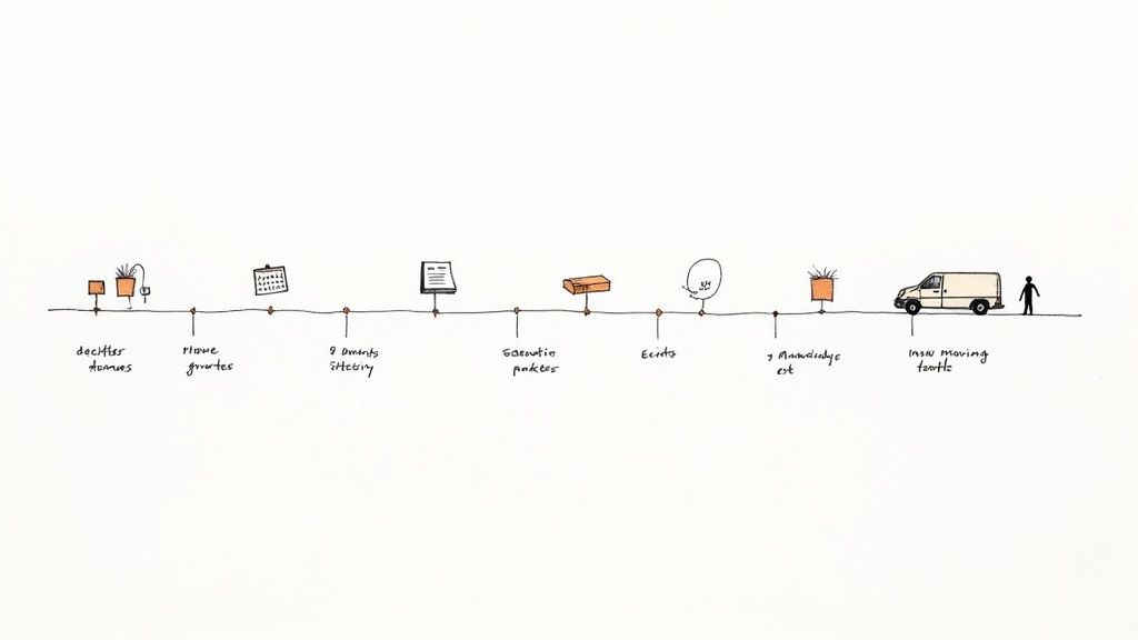 Hand-drawn timeline illustrating the chronological steps and tasks involved in moving to a new house.