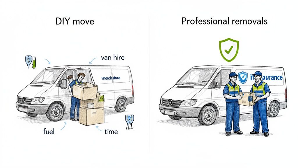 Infographic comparing a DIY move with a rented van against professional removal services.