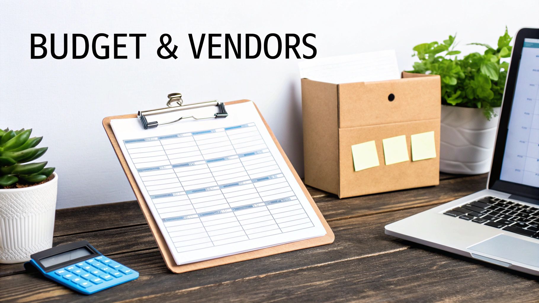 A desk setup with a calculator, clipboard, laptop, and plants, featuring 'BUDGET & VENDORS' text.