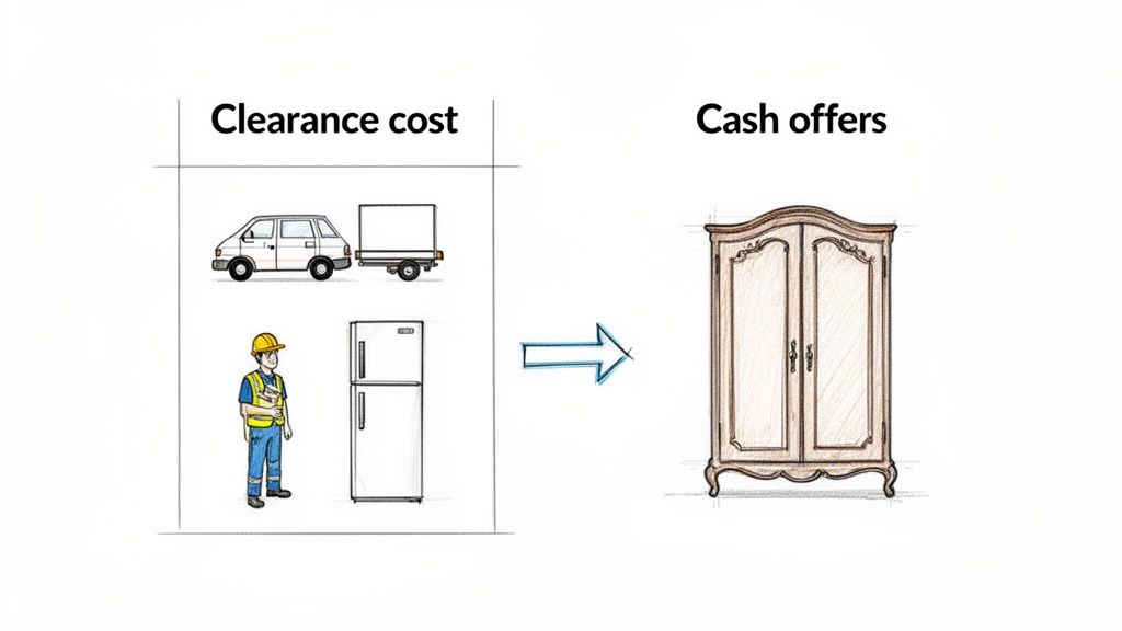 Illustrative diagram depicting house clearance costs for items like a fridge, leading to cash offers for furniture.