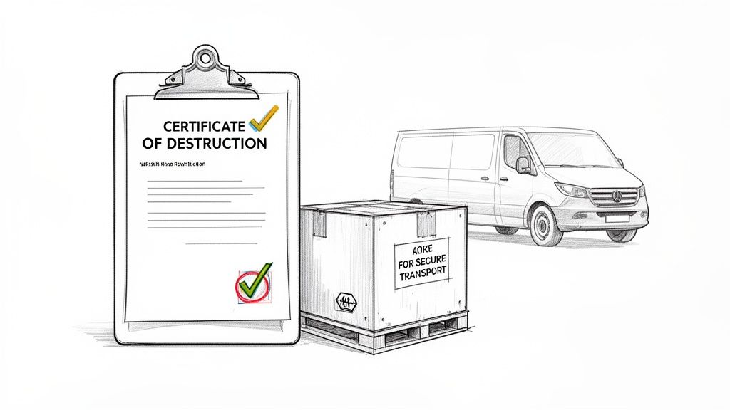 Illustration of a certificate of destruction, a secure transport box on a pallet, and a delivery van.