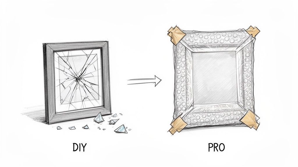 A sketch comparing a DIY broken glass photo frame with a professionally bubble-wrapped, protected frame.