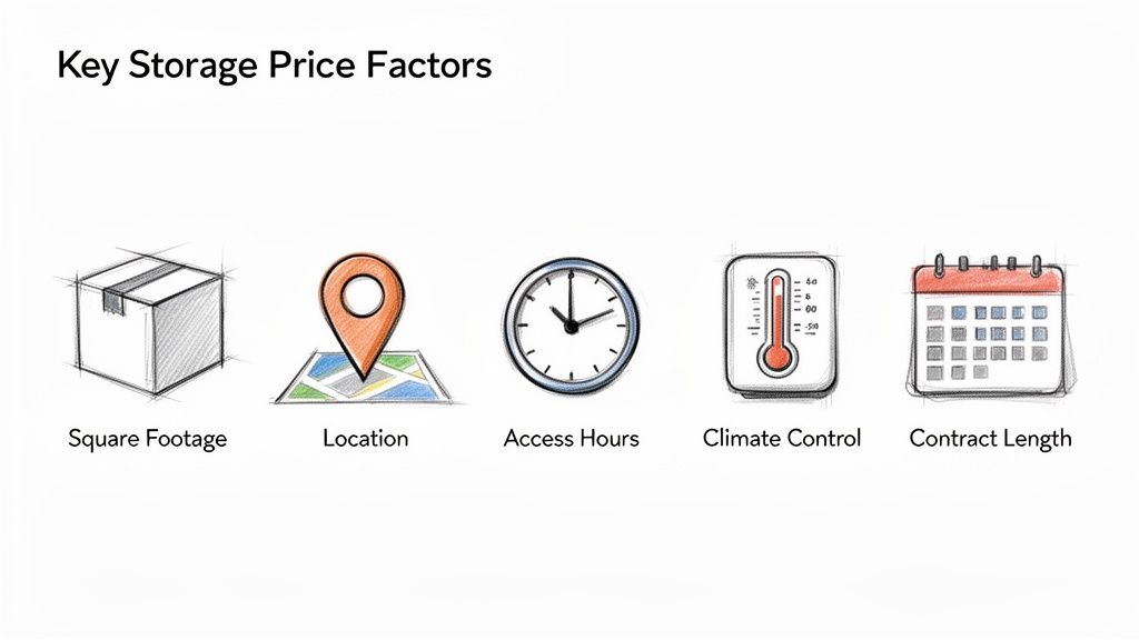 Key storage price factors illustration with icons for square footage, location, access hours, climate control, and contract length.