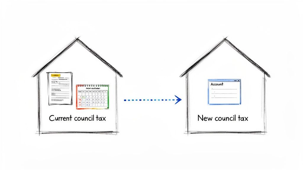 Illustration: Current council tax documents and calendar transforming into a new online account.