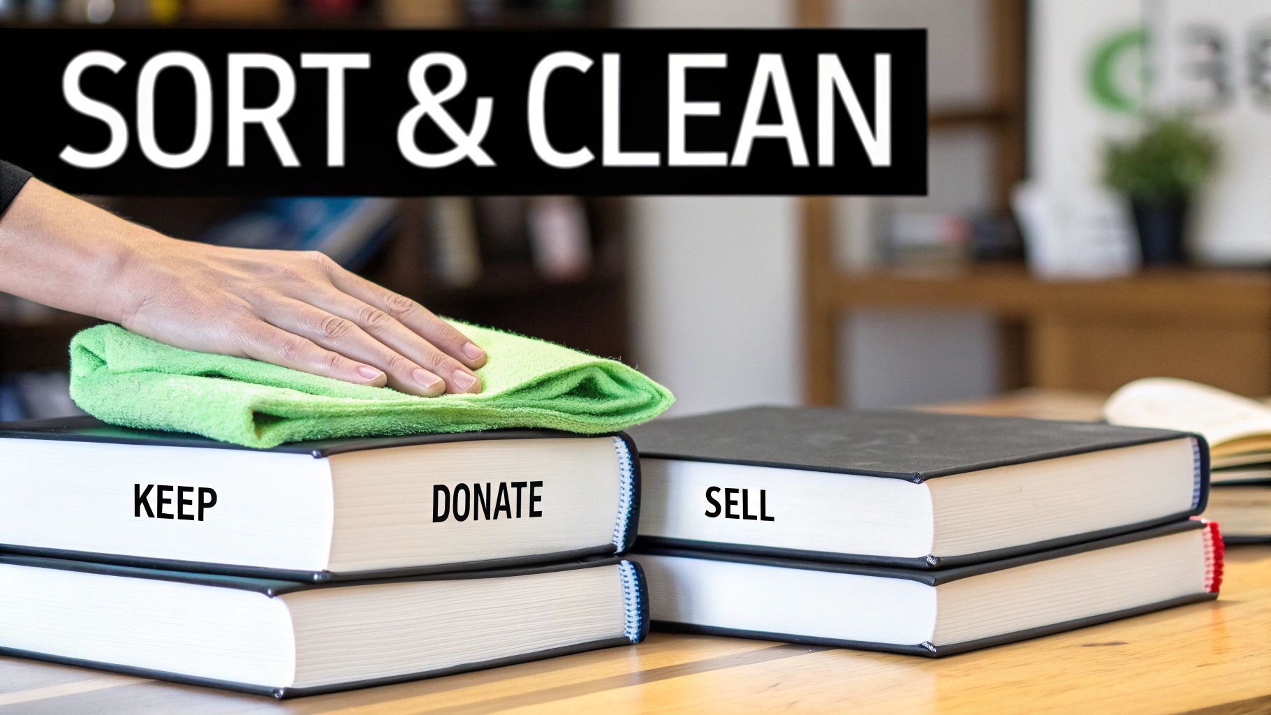 A person sorting books from a bookshelf into a cardboard box on the floor
