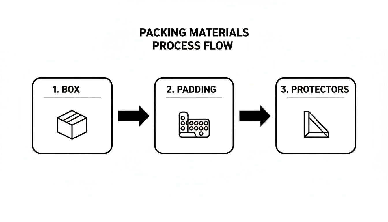 A process flow diagram shows three steps for packing materials: 1. Box, 2. Padding, 3. Protectors.