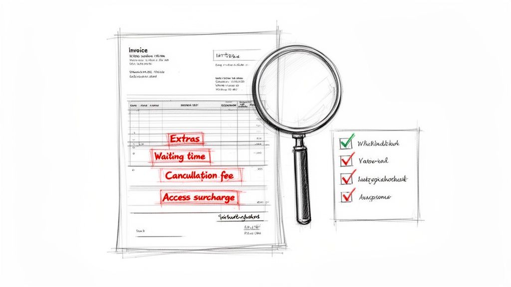 A sketch of an invoice showing highlighted extra charges, a magnifying glass, and a checklist.