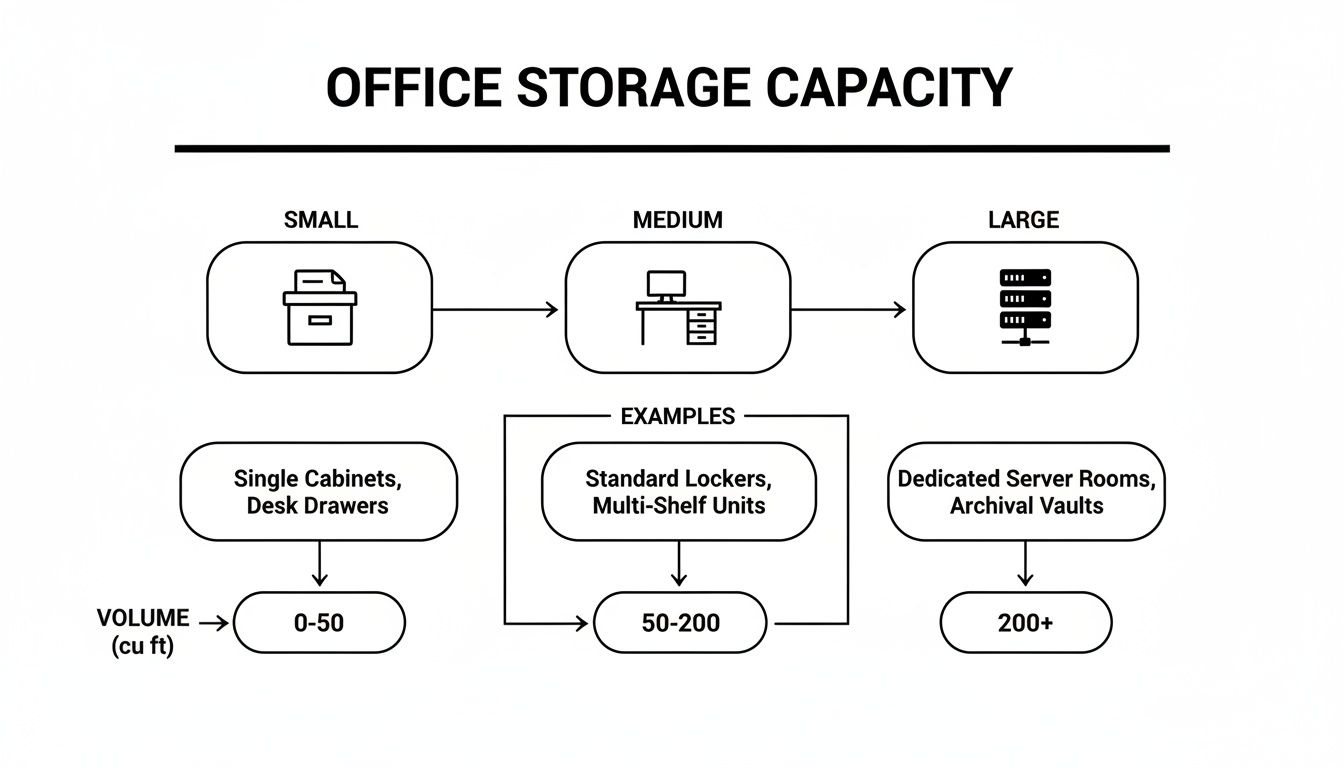 Flowchart illustrating office storage capacity categories: Small, Medium, and Large, with volume ranges and examples.