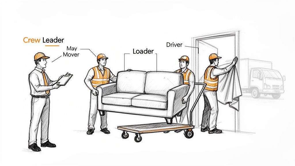 A moving crew works together: a leader, two loaders with a sofa, and a driver prepping a doorway.