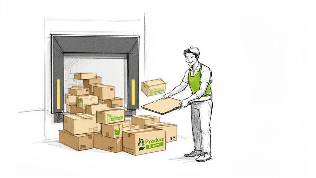 A smiling worker in a green apron assembles a cardboard box near a loading dock full of boxes.