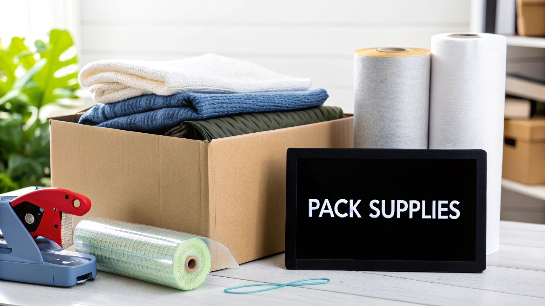 A collection of moving supplies including boxes, tape, and a marker