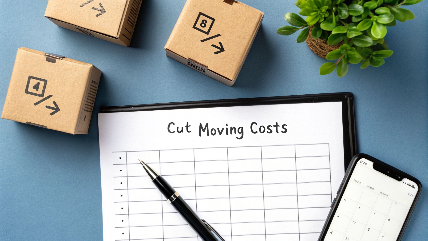 A person placing items into a moving box, with a roll of bubble wrap nearby.
