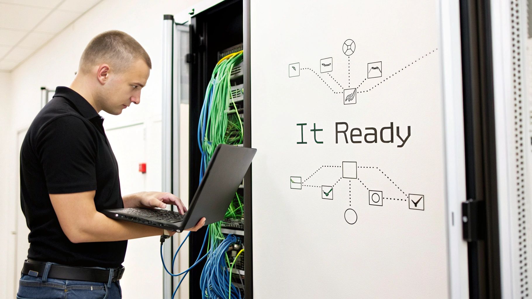 IT technician working on server rack with laptop ensuring network infrastructure ready for relocation
