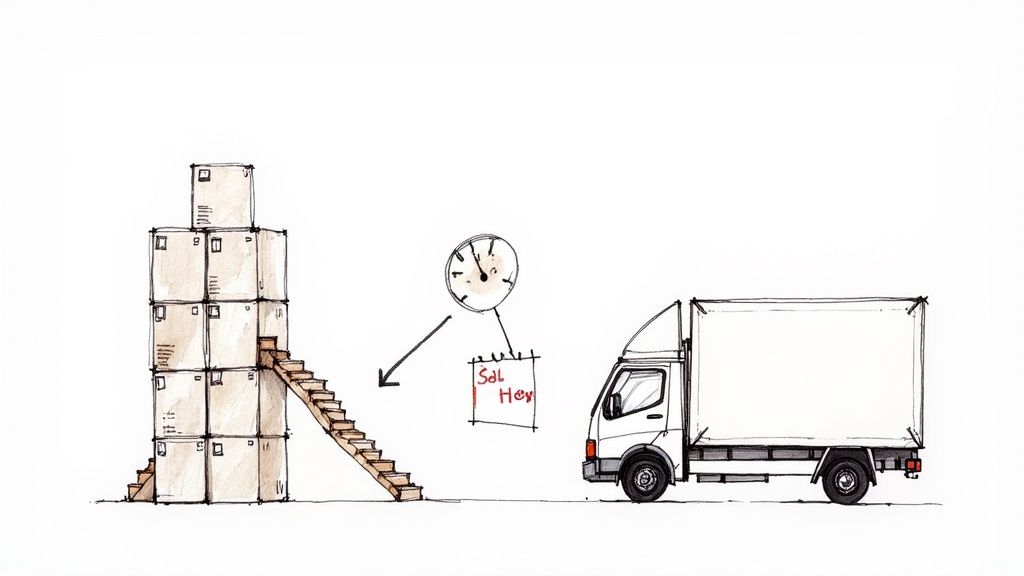 A hand-drawn image illustrating a moving process with stacked boxes, stairs, a clock, and a delivery truck.