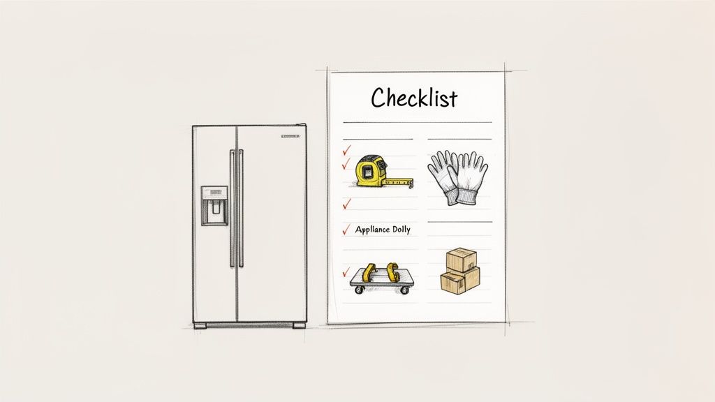 A sketch showing a refrigerator next to a checklist for moving, with items like a tape measure, gloves, and dolly.