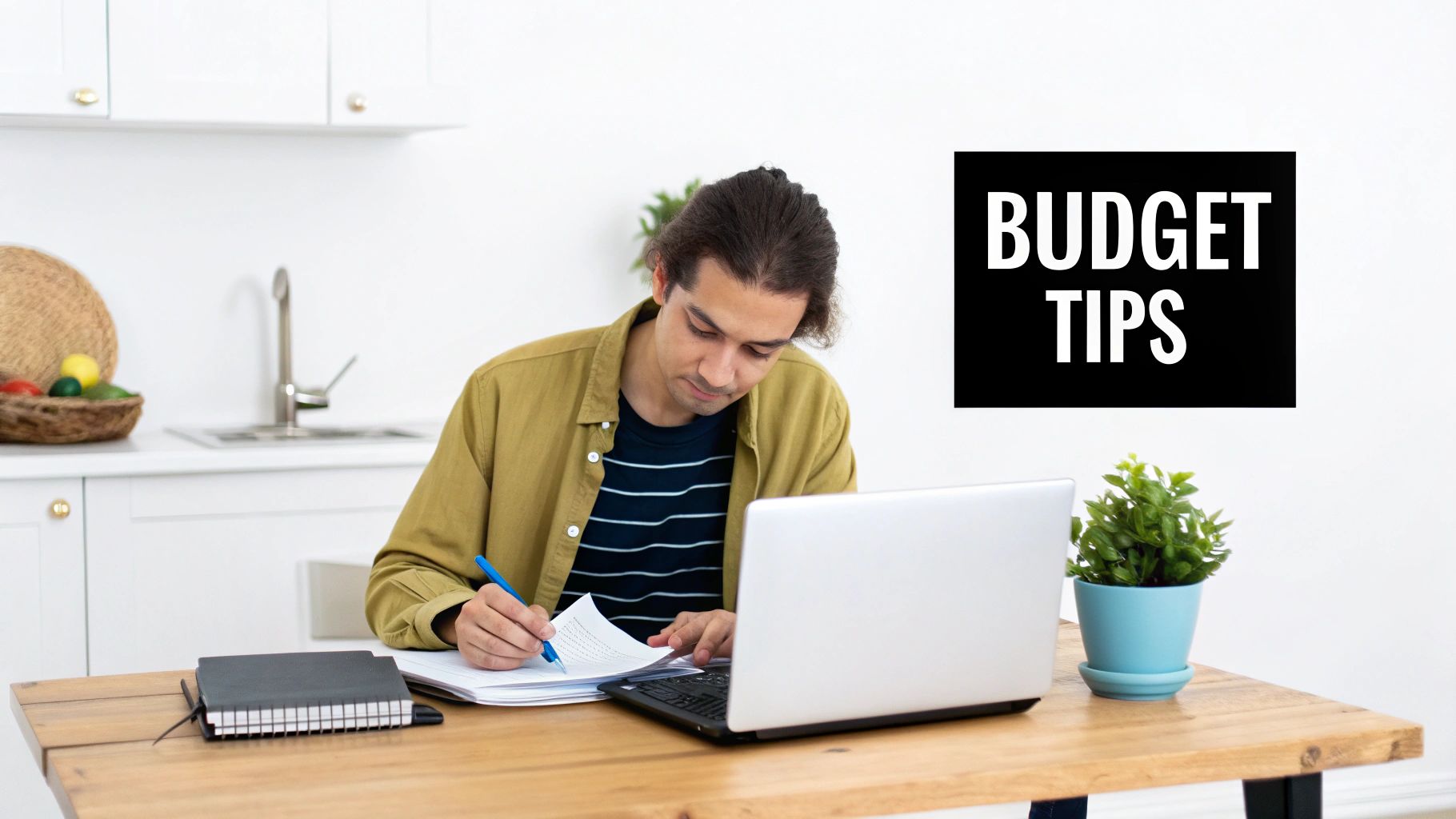 Person writing budget tips on paper while working on laptop in modern kitchen