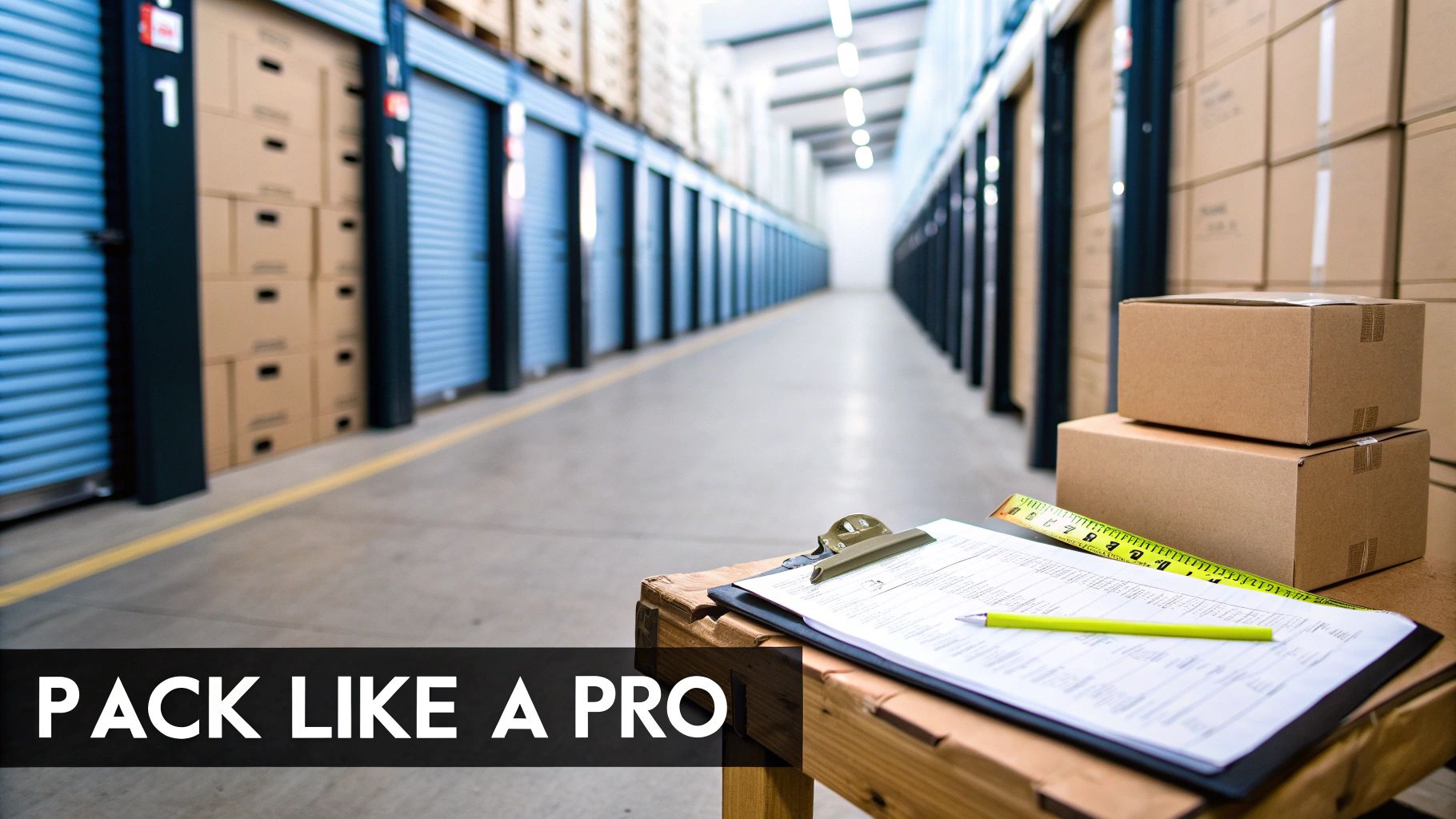 A corridor of self-storage units with packing boxes, a clipboard, pencil, and tape measure in the foreground.