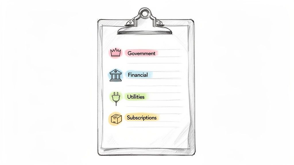 A hand-drawn clipboard displays a list of categories: Government, Financial, Utilities, and Subscriptions.