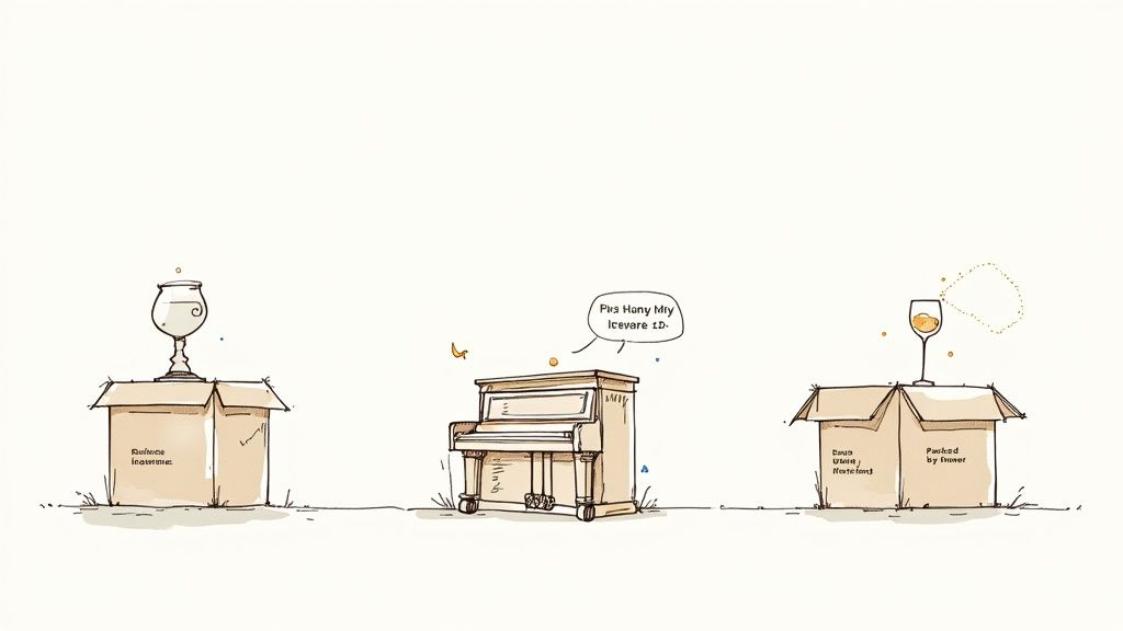 A cartoon illustration showing fragile items like glasses and a piano being moved in cardboard boxes, hinting at removal insurance.