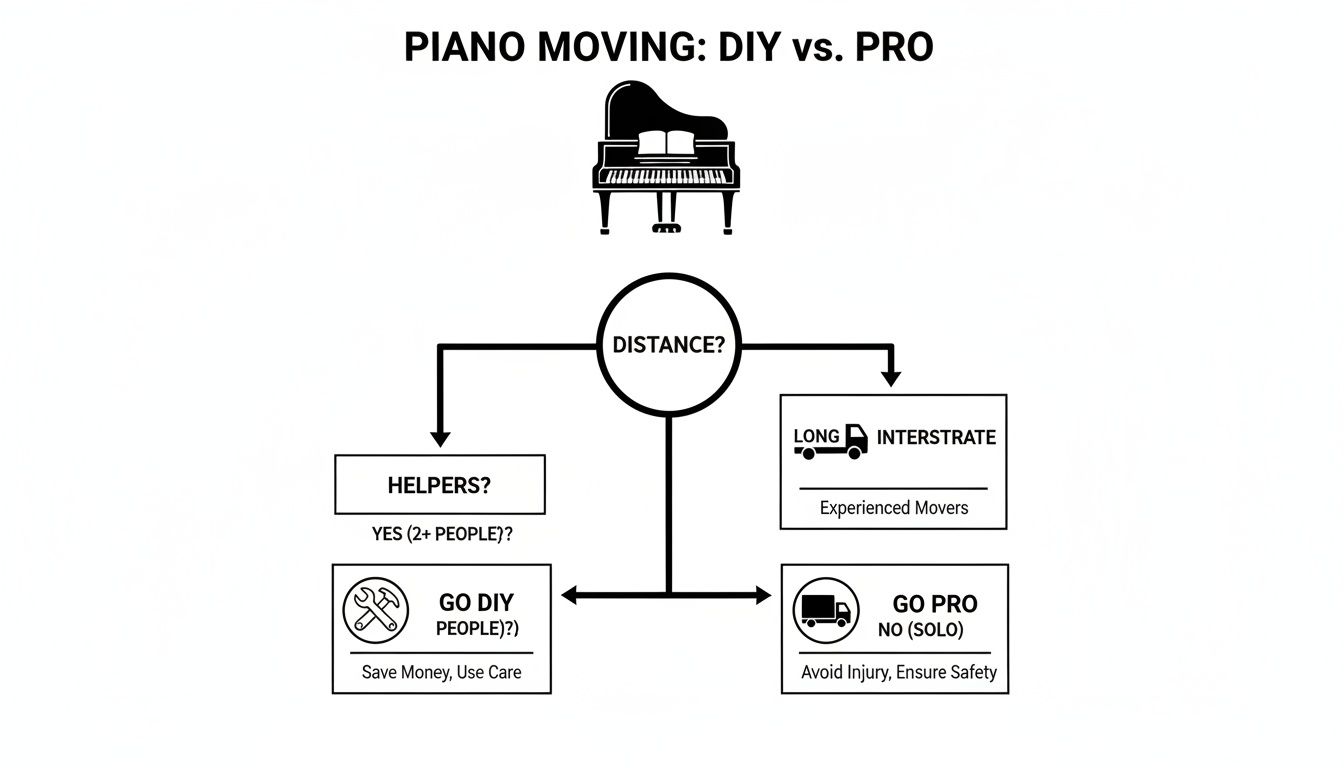 A flowchart explaining piano moving: DIY versus professional options based on distance and available helpers.