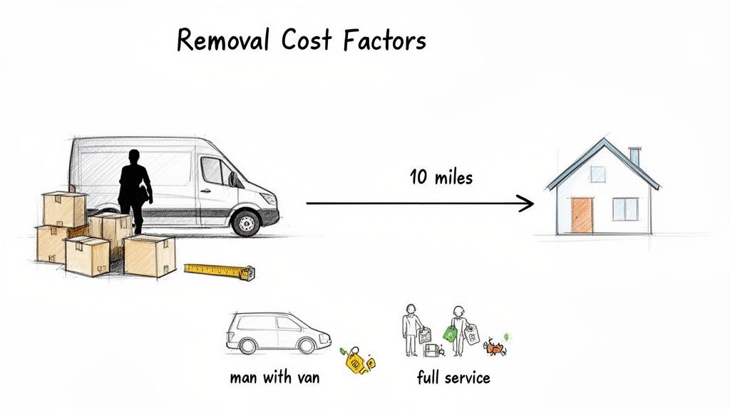 Sketch illustrating removal cost factors like distance, items, and service options for moving house.