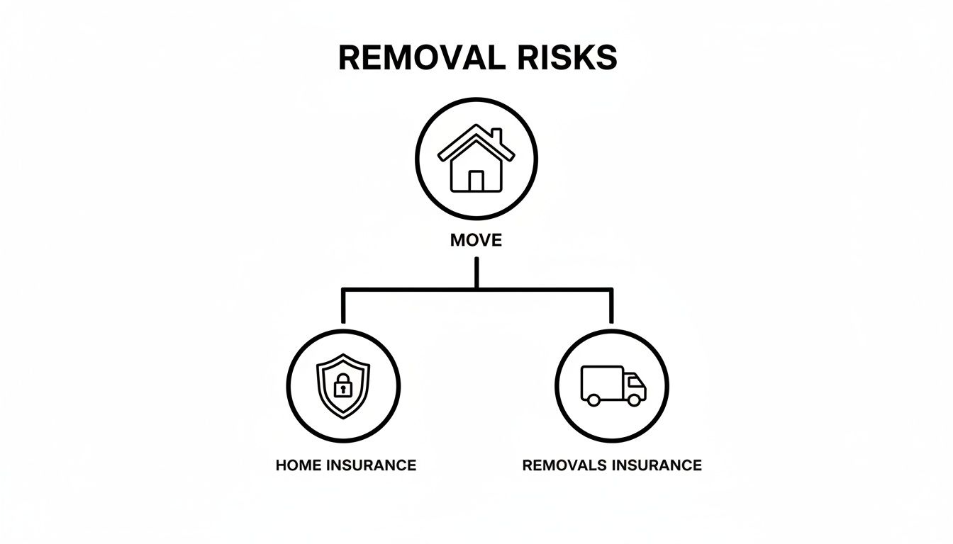 A diagram illustrating removal risks, branching from 'MOVE' to 'HOME INSURANCE' and 'REMOVALS INSURANCE'.