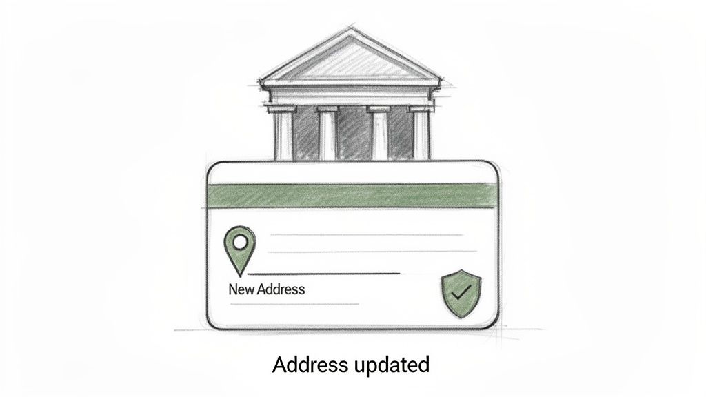 Illustration of a bank building and a card showing "New Address" with a security shield, confirming an address update.