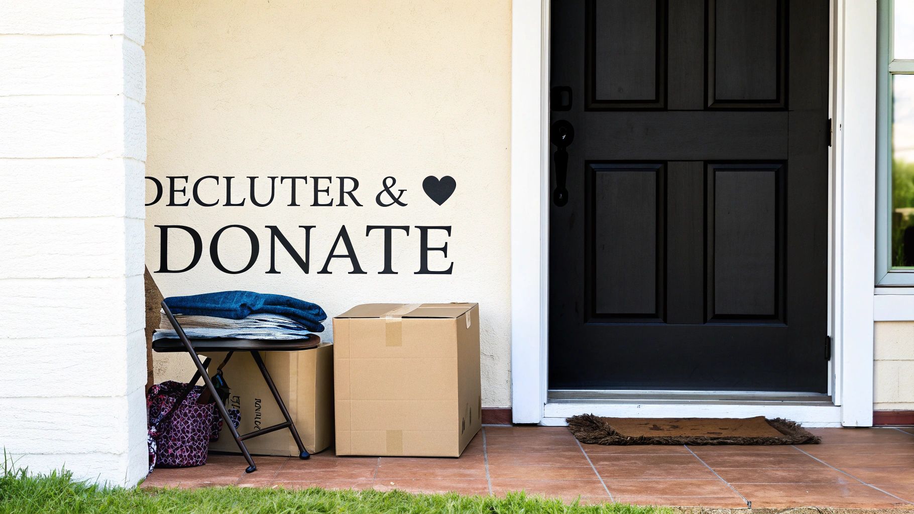 A front porch features a 'DECLUTTER & DONATE' sign above cardboard boxes and clothes on a chair.