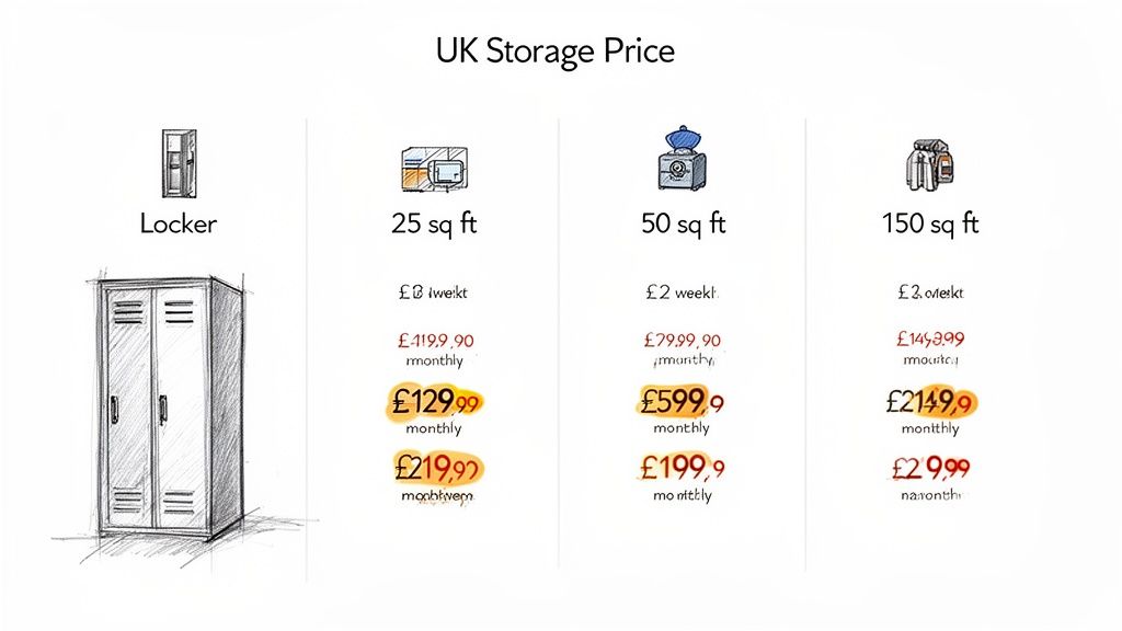 UK storage prices comparison for lockers and various square footage units with weekly and monthly costs.