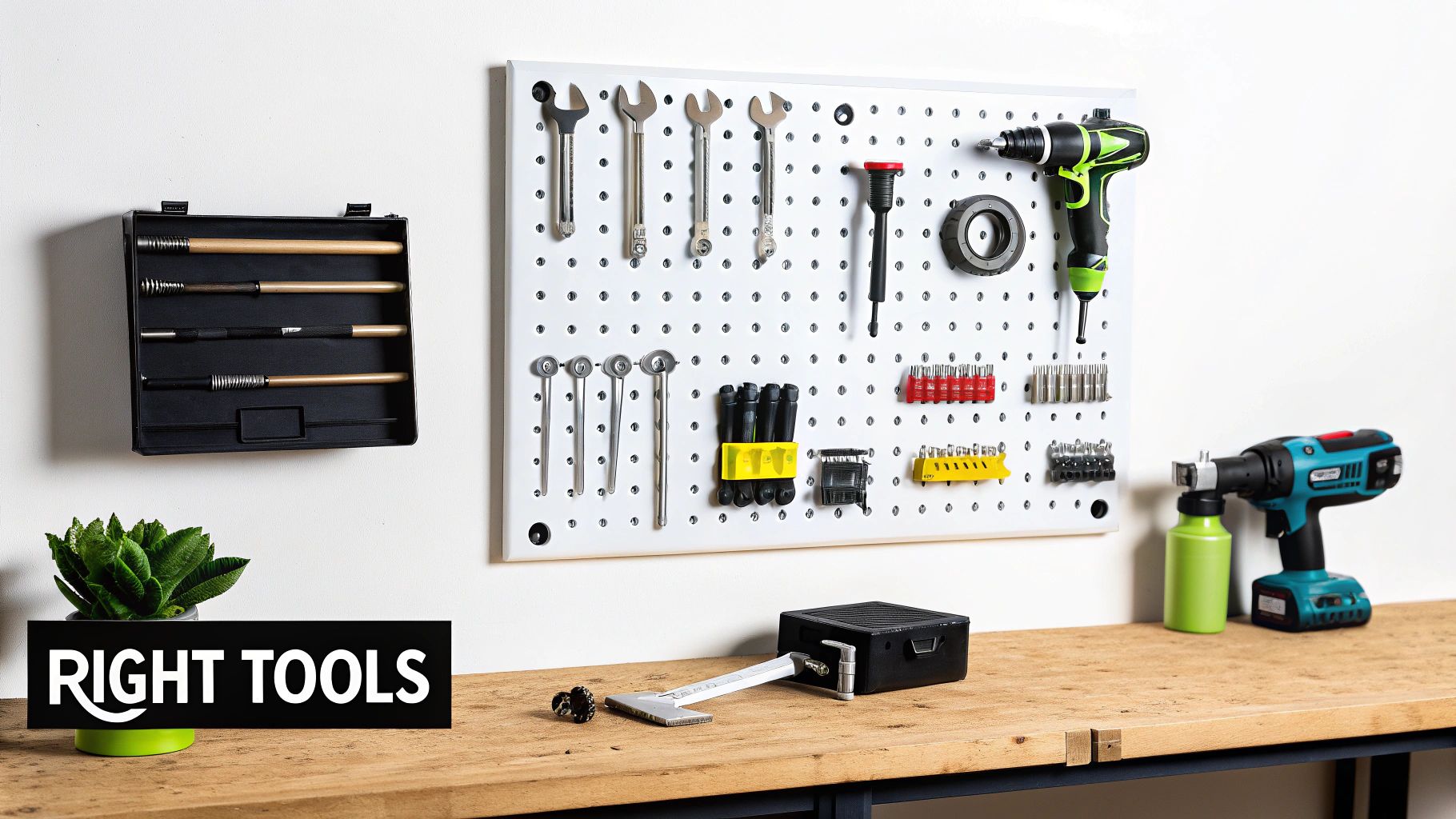 A clean workshop with various tools neatly organized on a white pegboard and a wooden workbench.